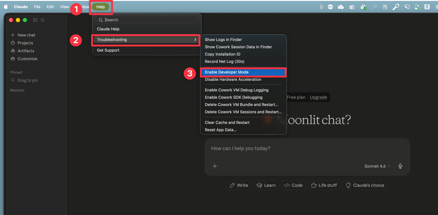 Developer menu showing Configure Third-Party Inference (Windows)