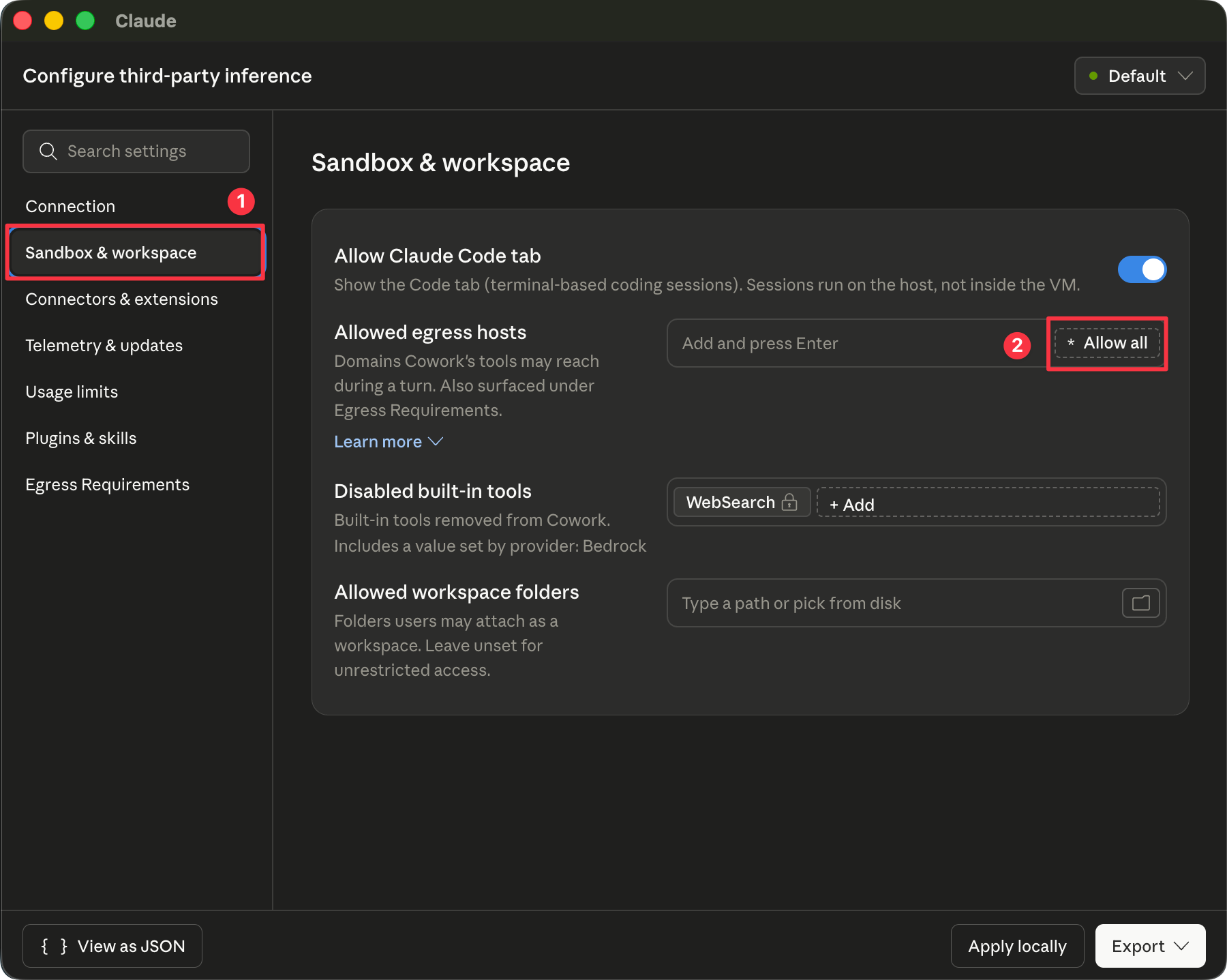 Configure third-party inference — Connection tab with Bedrock selected