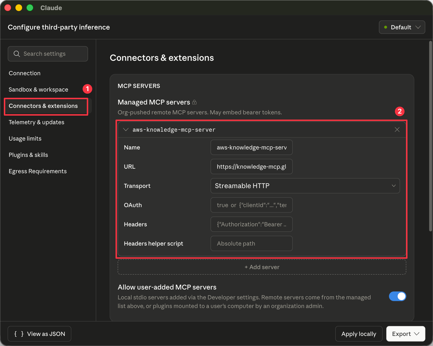 Connectors and extensions — Managed MCP server form